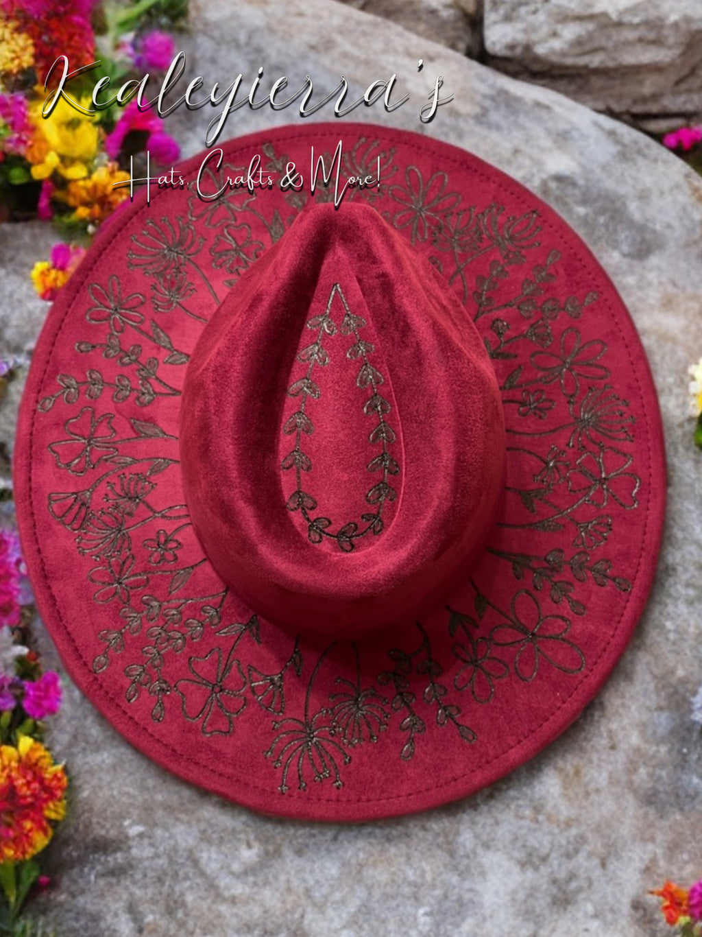 Plum Colored Vegan Suede Fedora with Wildflowers