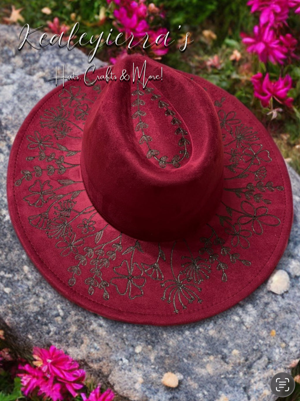 Plum Colored Vegan Suede Fedora with Wildflowers
