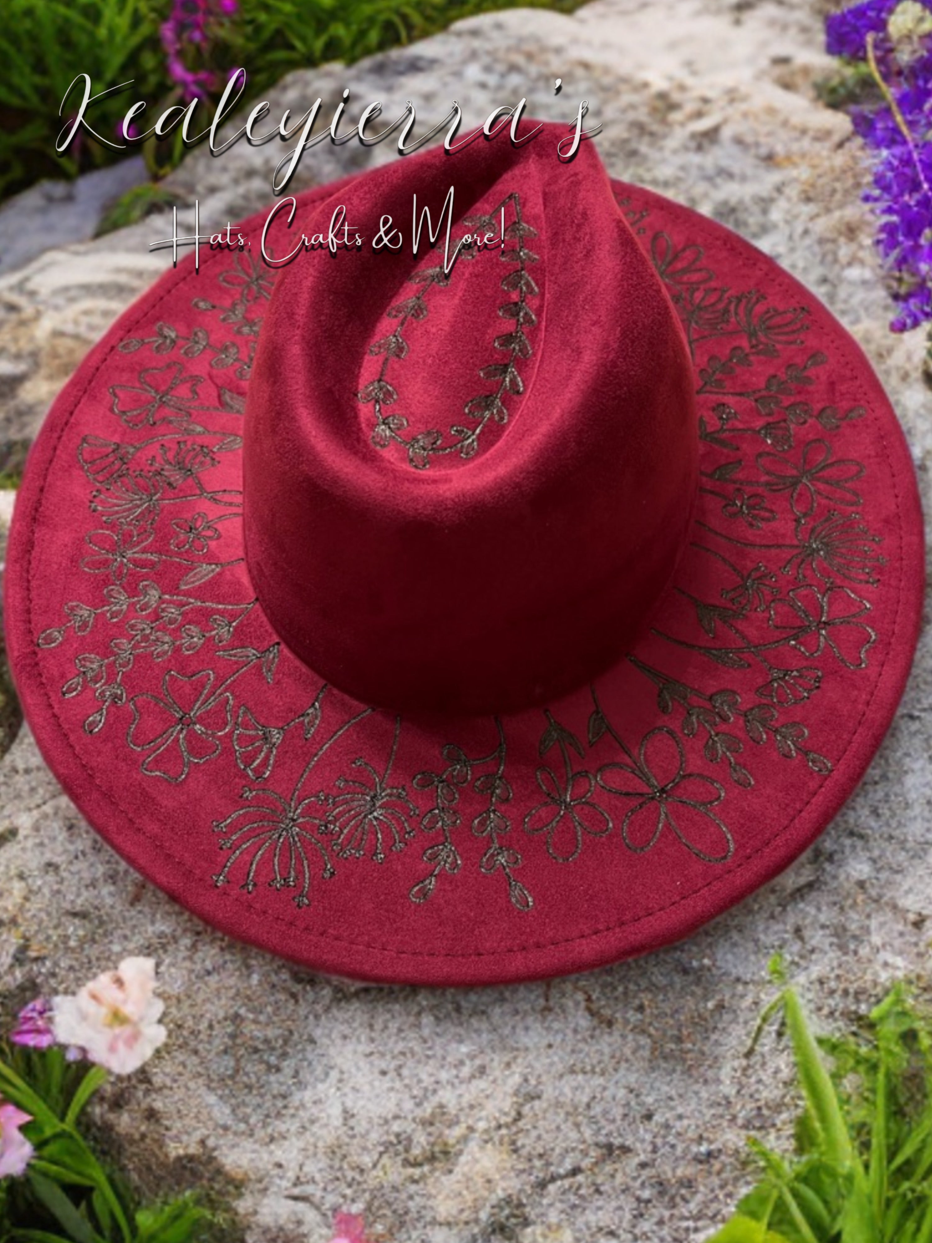 Plum Colored Vegan Suede Fedora with Wildflowers